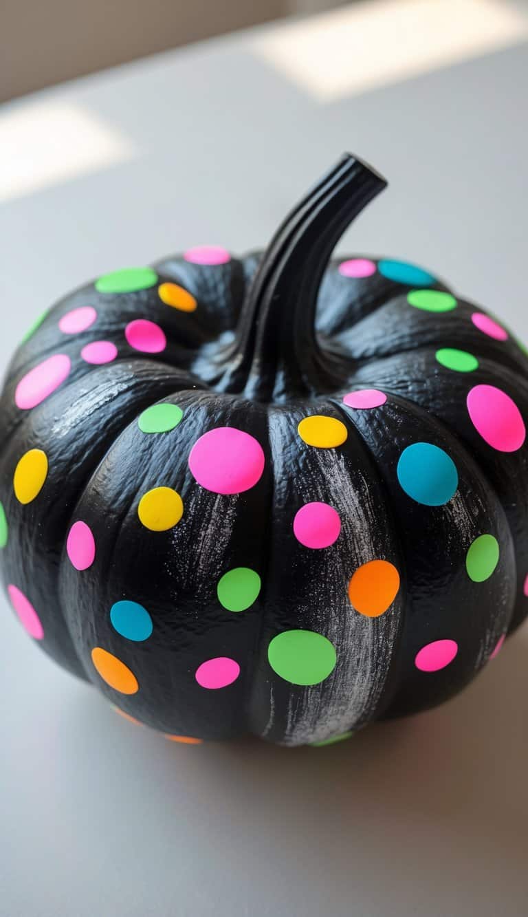 Close-up of a black pumpkin painted with colorful neon confetti dots on a plain tabletop.