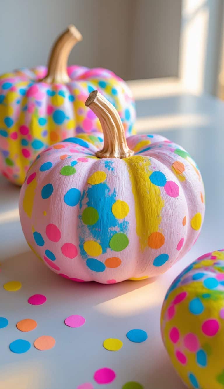 Two small painted pumpkins with colorful confetti designs placed on a clean tabletop under soft daylight.