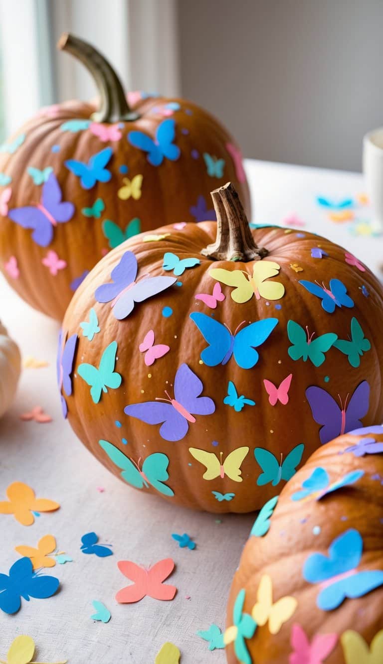 Close-up of one or two pumpkins painted with colorful butterfly designs on a simple tabletop.