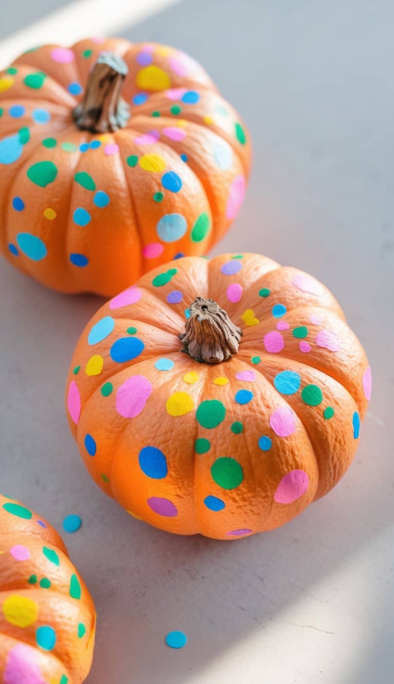 One to two orange pumpkins painted with colorful confetti dots on a simple tabletop.