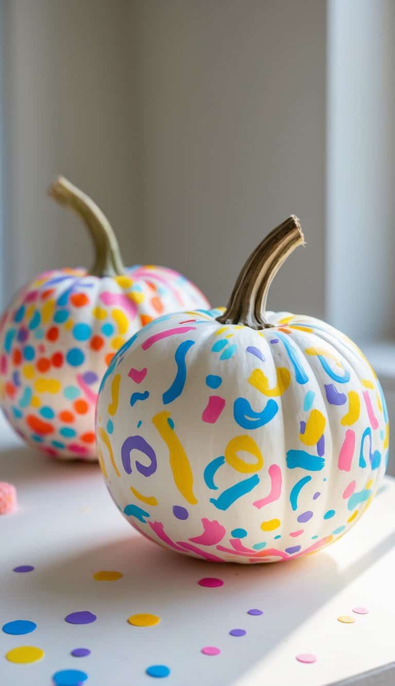 One or two pumpkins painted with colorful swirl and curl patterns sitting on a tabletop.