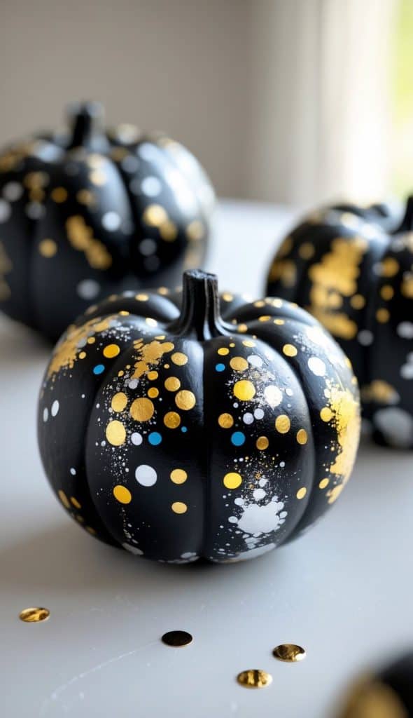 Several small pumpkins painted black with gold, white, and blue splatter patterns are arranged on a white surface.