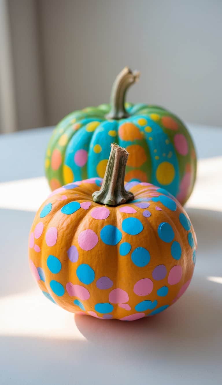 Close-up of one to two small painted pumpkins with colorful confetti dots clustered near their stems on a tabletop.