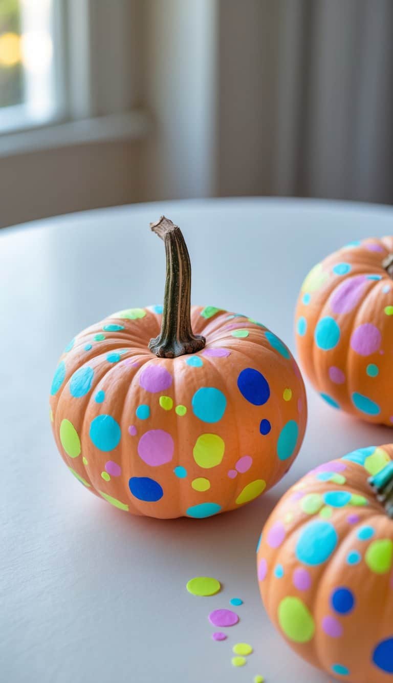 One to two small pumpkins painted with colorful confetti dots on a clean tabletop.