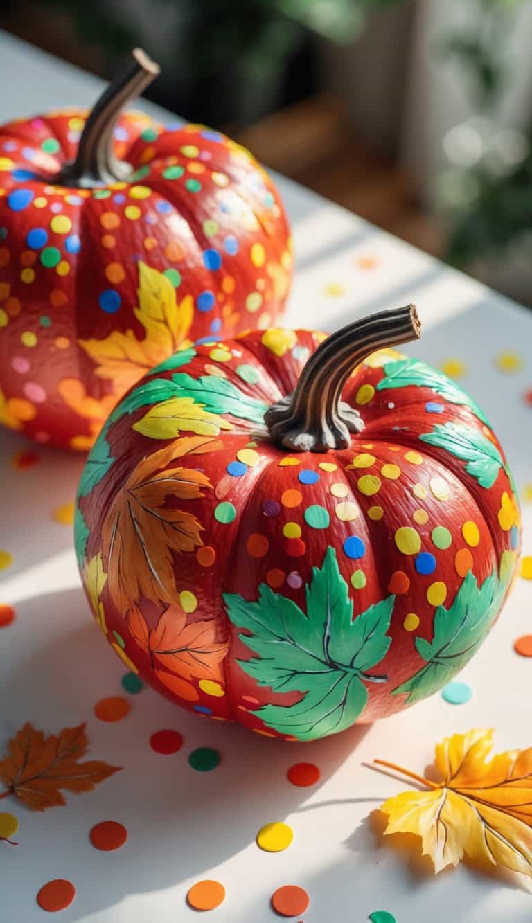 Close-up of one to two pumpkins on a table, painted with colorful confetti dots and fall leaves.
