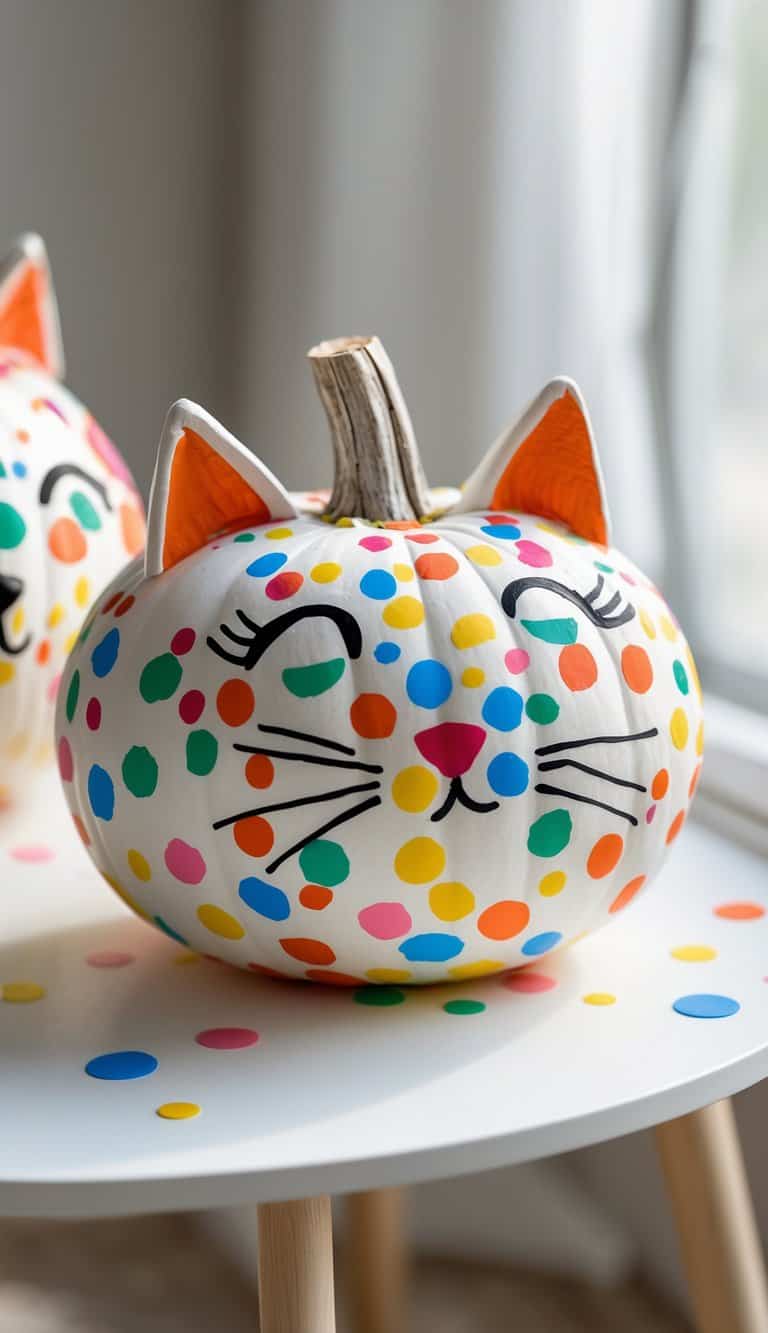Close-up of one to two pumpkins painted with colorful confetti dots forming animal shapes, placed on a clean tabletop.