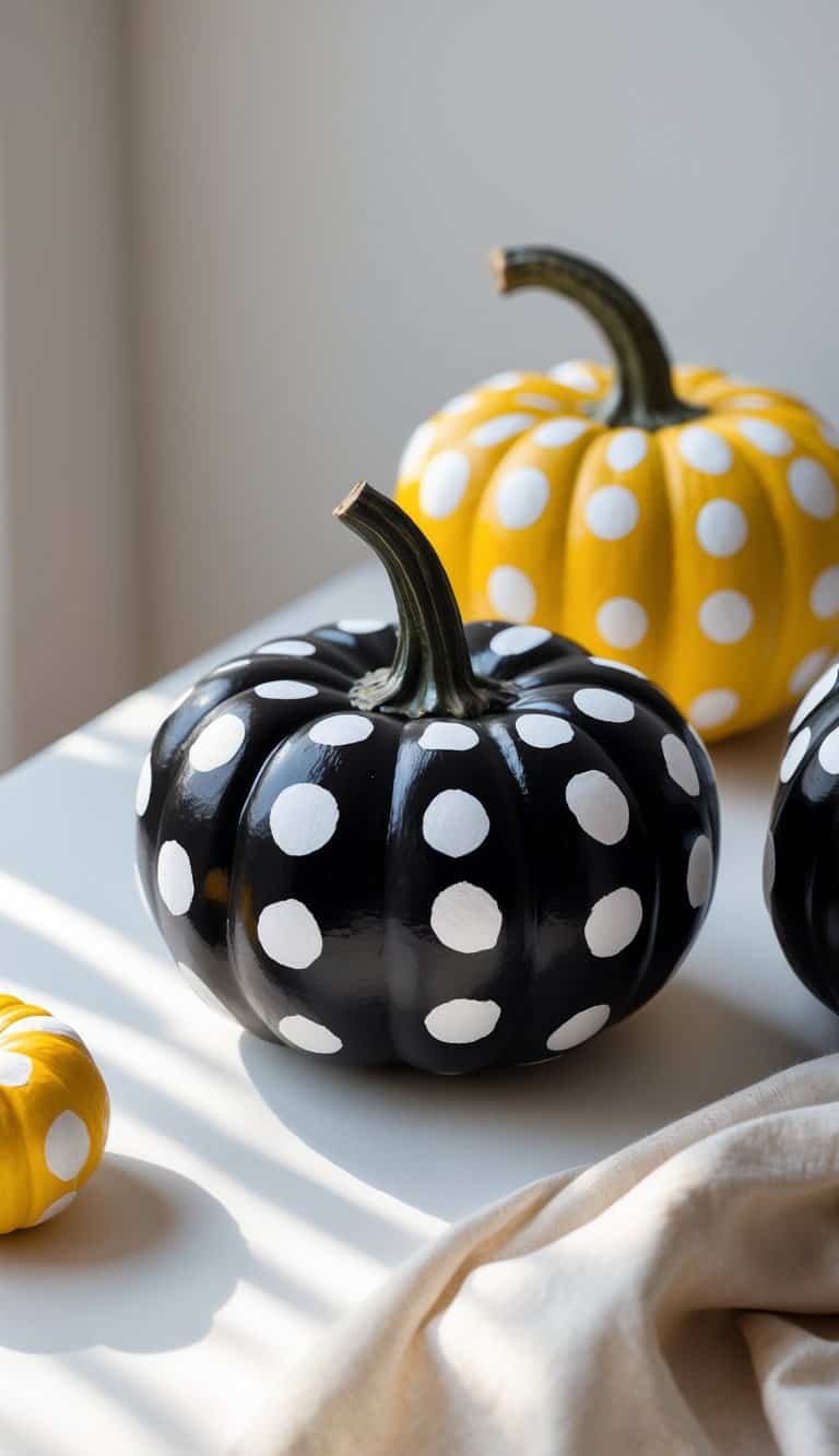 Close-up of one or two black pumpkins with white polka dots on a clean tabletop.