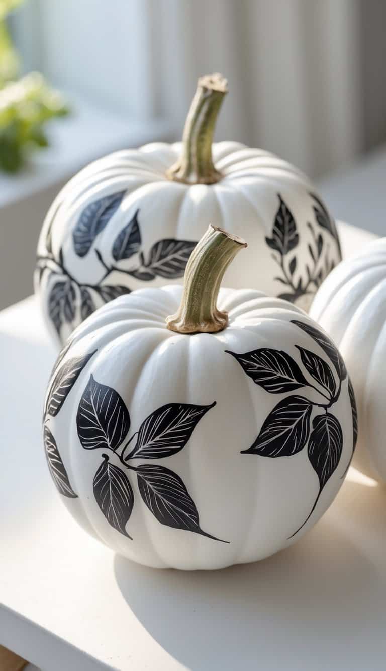Close-up of one or two white pumpkins painted with black leaf patterns on a clean tabletop.