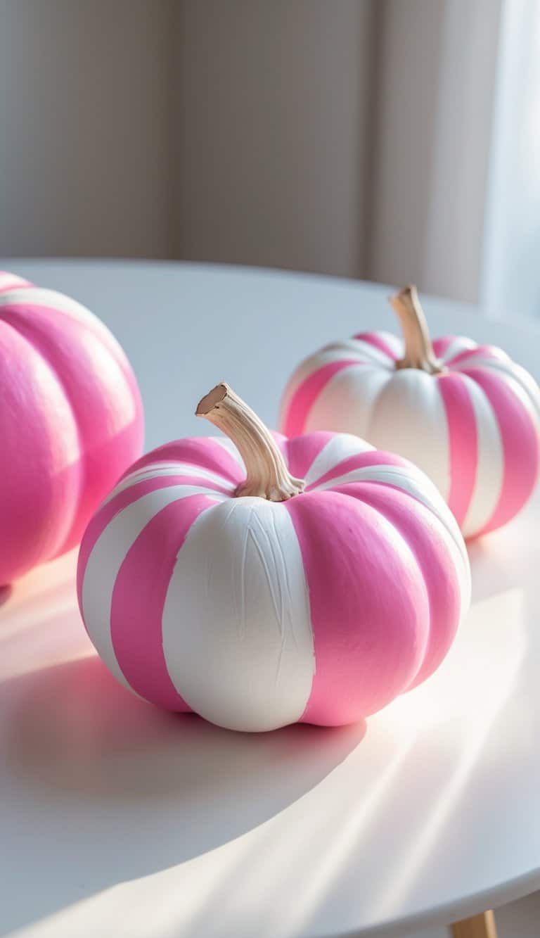 Close-up of one or two pumpkins painted with pink and white stripes on a clean tabletop.