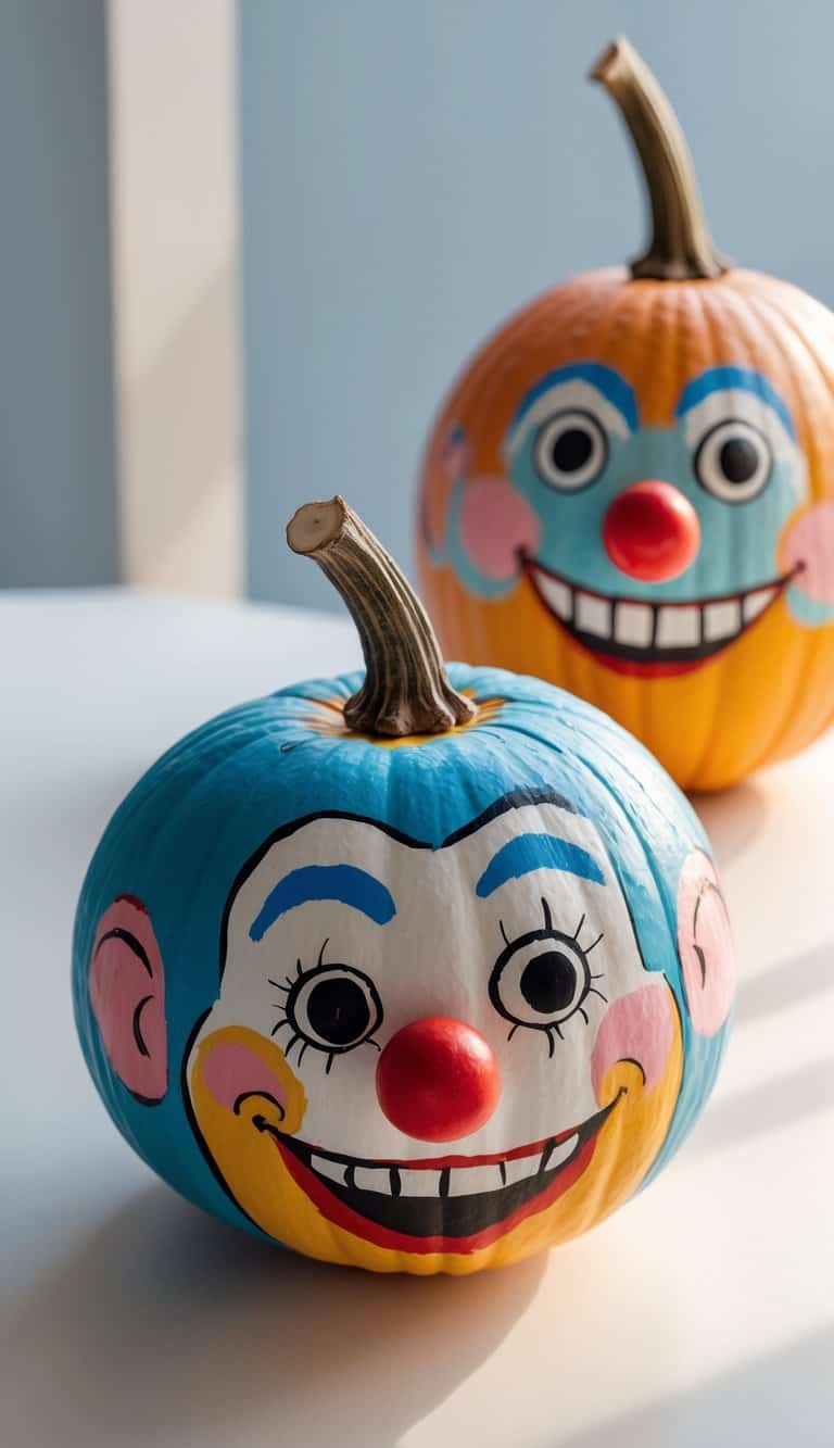 One to two pumpkins painted with colorful clown faces, featuring a red nose, arranged on a tabletop.