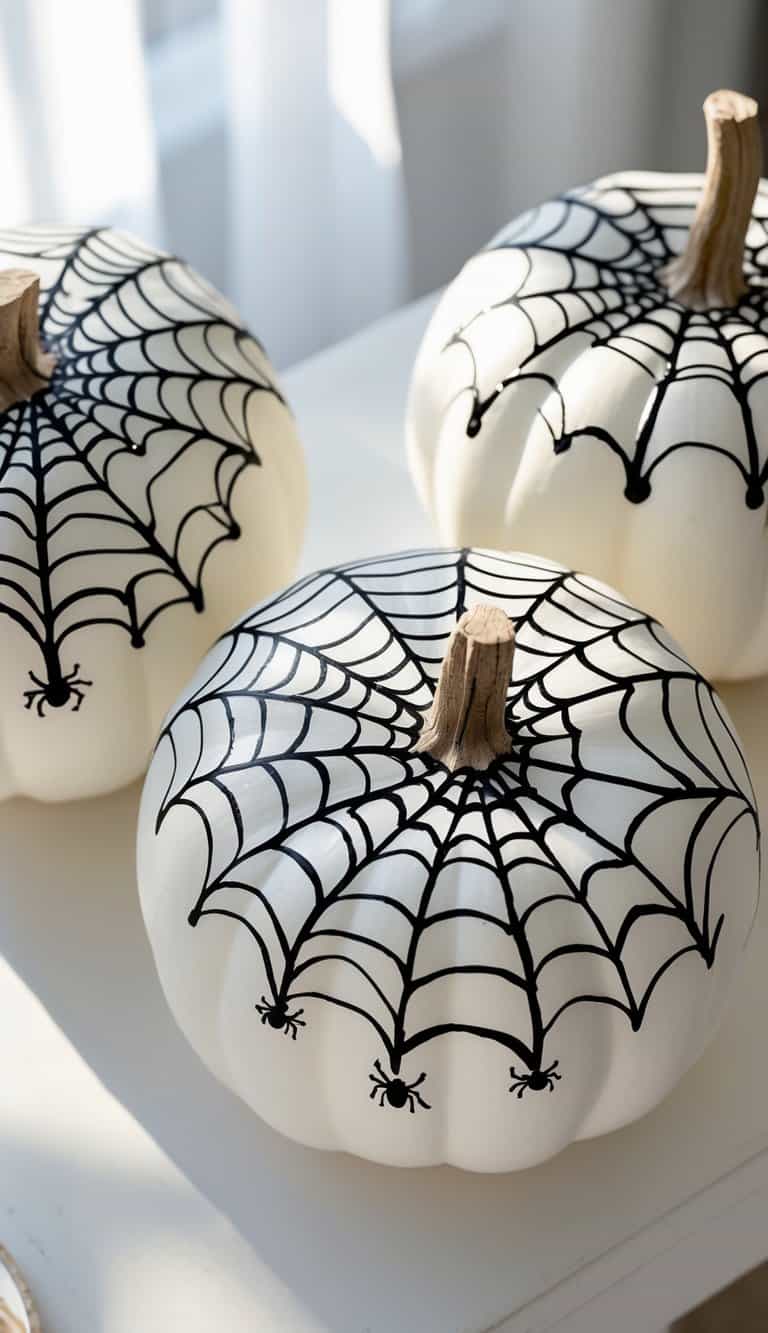 Close-up of one or two white pumpkins painted with black spider web designs on a clean tabletop under soft daylight.