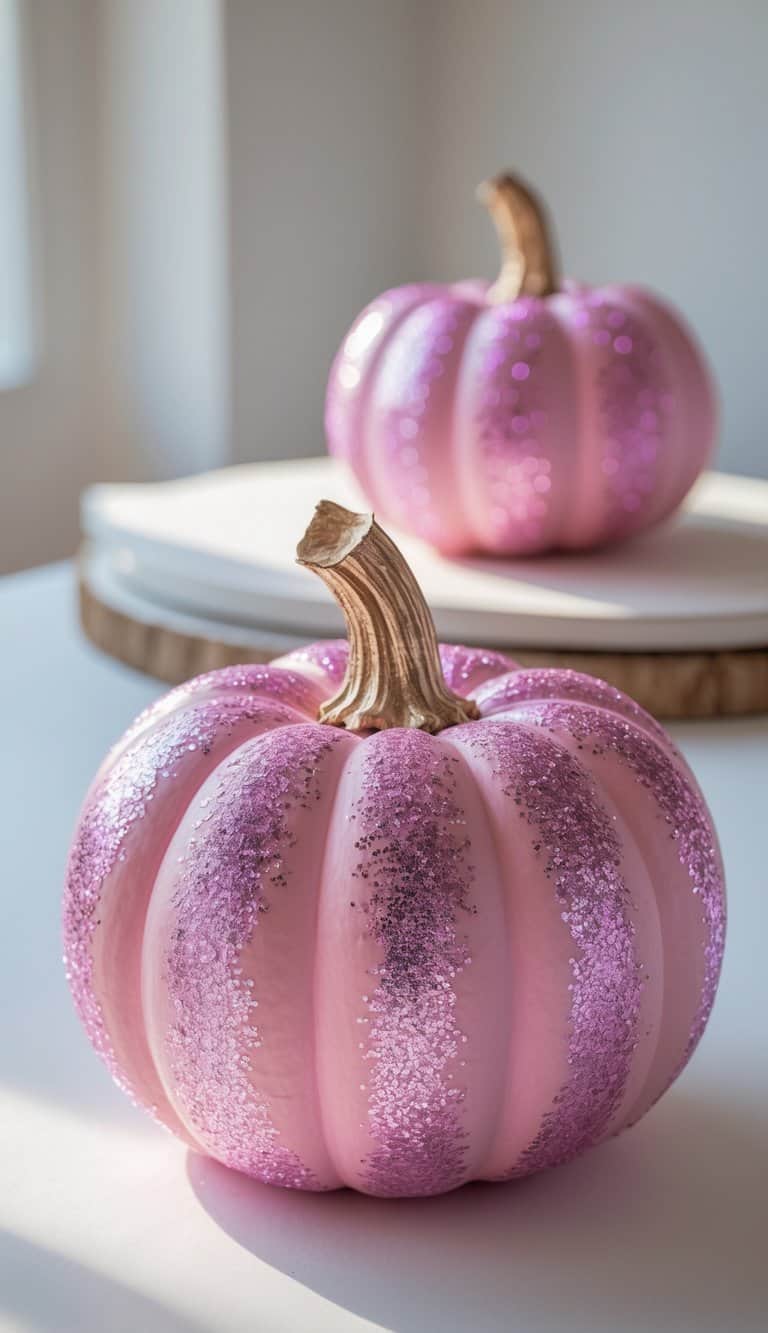 Close-up of one or two pink pumpkins painted with glittered French tip designs on a clean tabletop.