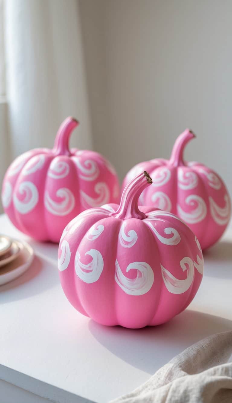 One to two bright pink pumpkins with white swirl patterns on a tabletop.