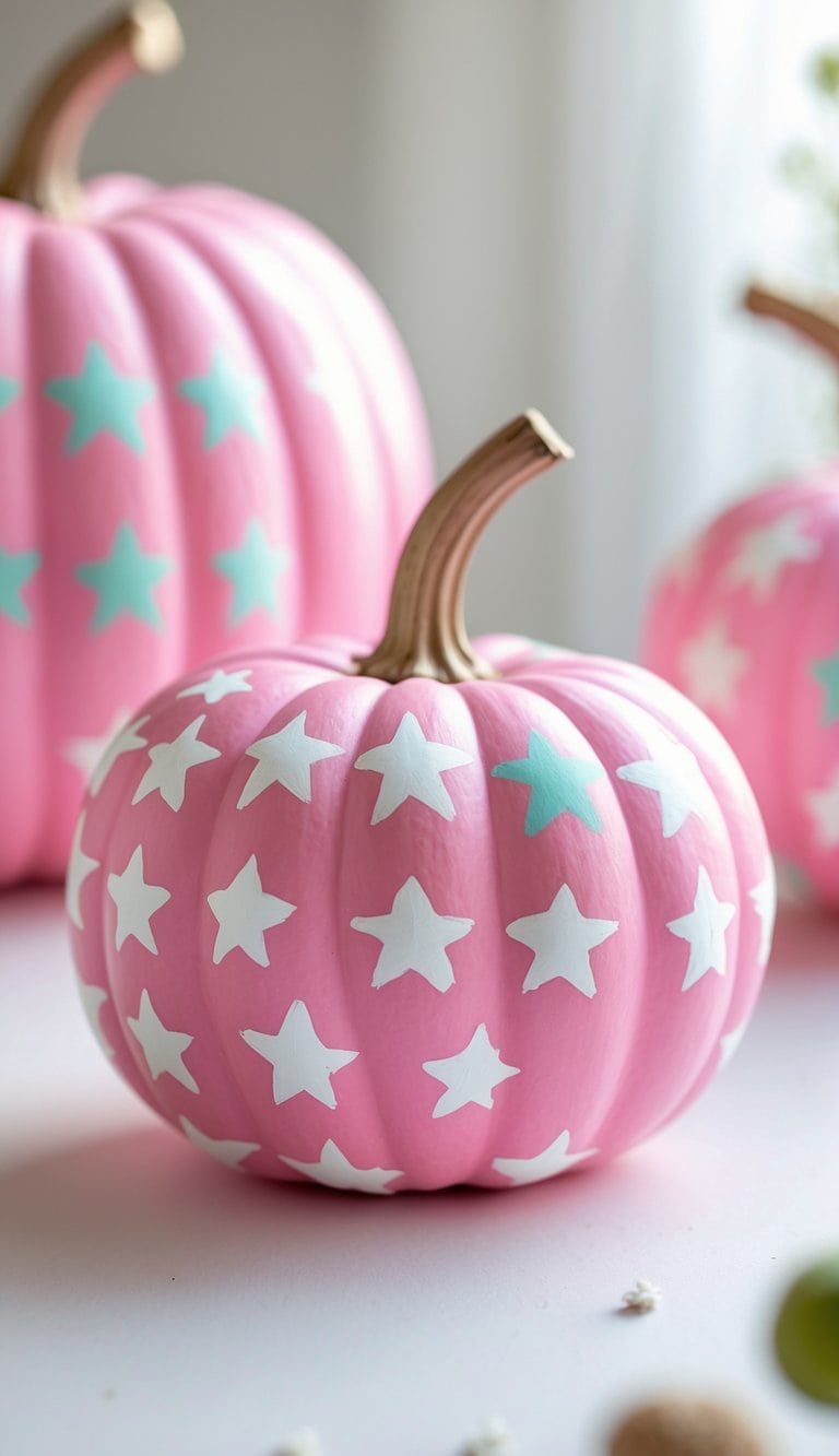 One to two pink pumpkins painted with white star patterns placed on a tabletop.