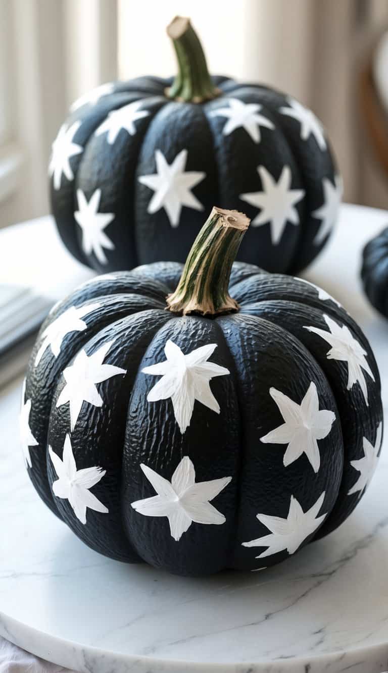Close-up of one or two black pumpkins painted with white star patterns on a tabletop.