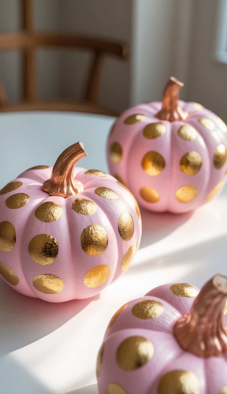 One or two pumpkins on a table painted pink with gold polka dots.