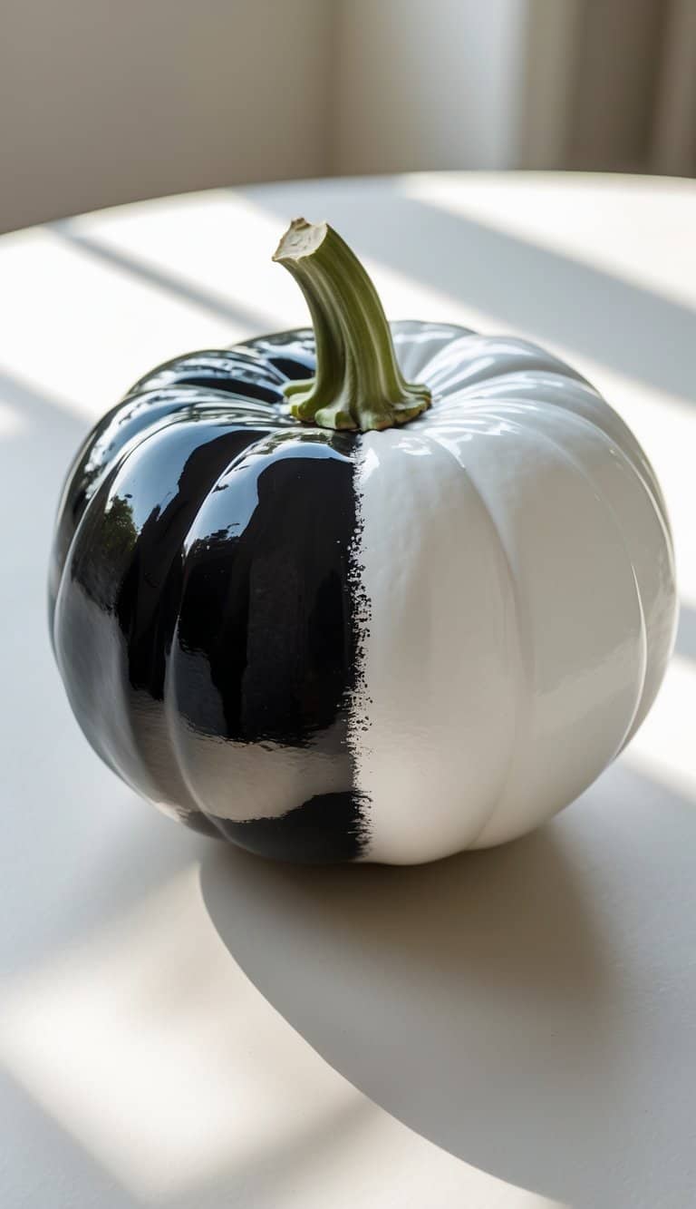 A single pumpkin painted diagonally half black and half white, sitting on a tabletop with soft natural light.