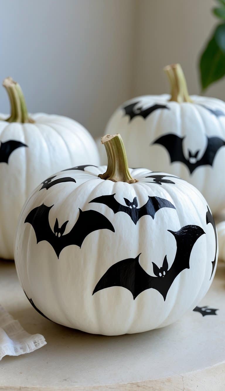 One to two white pumpkins painted with black bats on a clean tabletop.