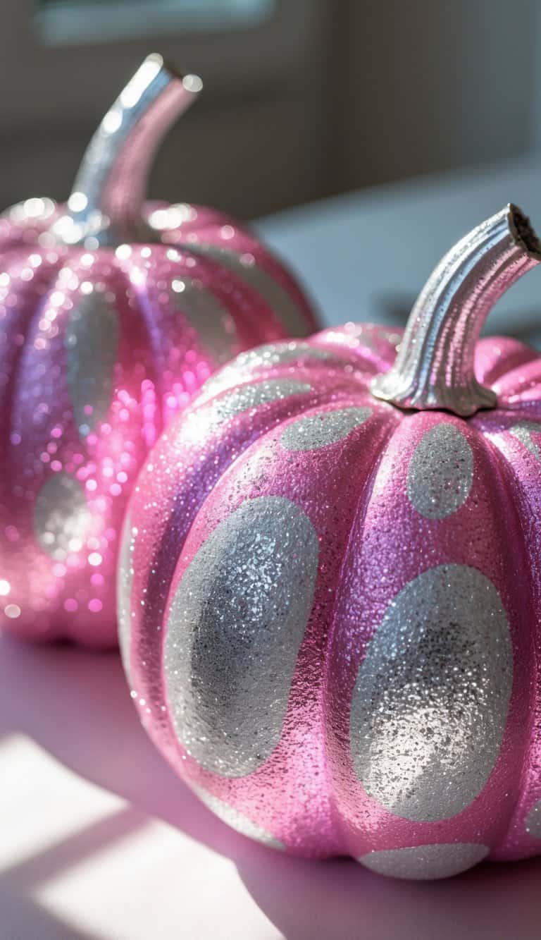 Close-up of one to two pink pumpkins with silver highlights on a tabletop.