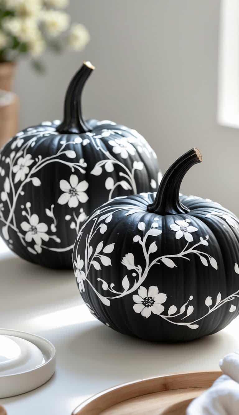 Close-up of one or two black pumpkins painted with white floral vine designs on a clean tabletop.