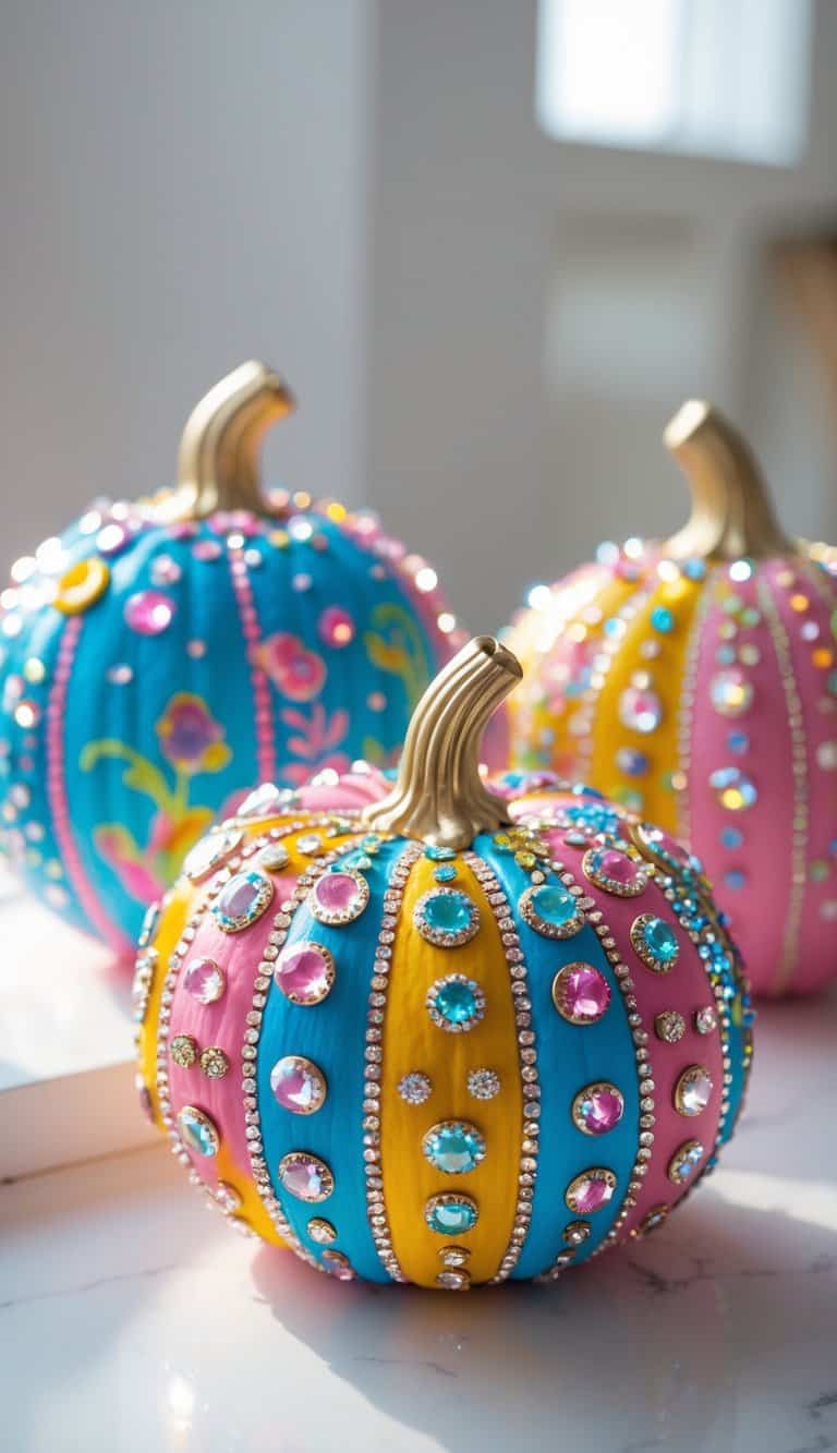 Close-up of one to two pumpkins decorated with colorful painted designs and sparkling gems on a clean tabletop.