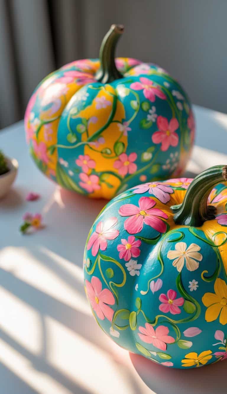 Close-up of one to two pumpkins on a table, painted with colorful floral vine designs.