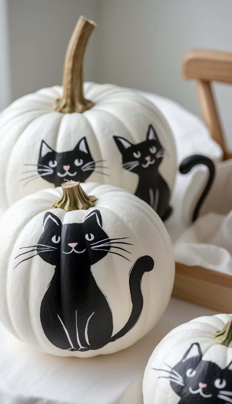 One to two white pumpkins on a table painted with black cat silhouettes.