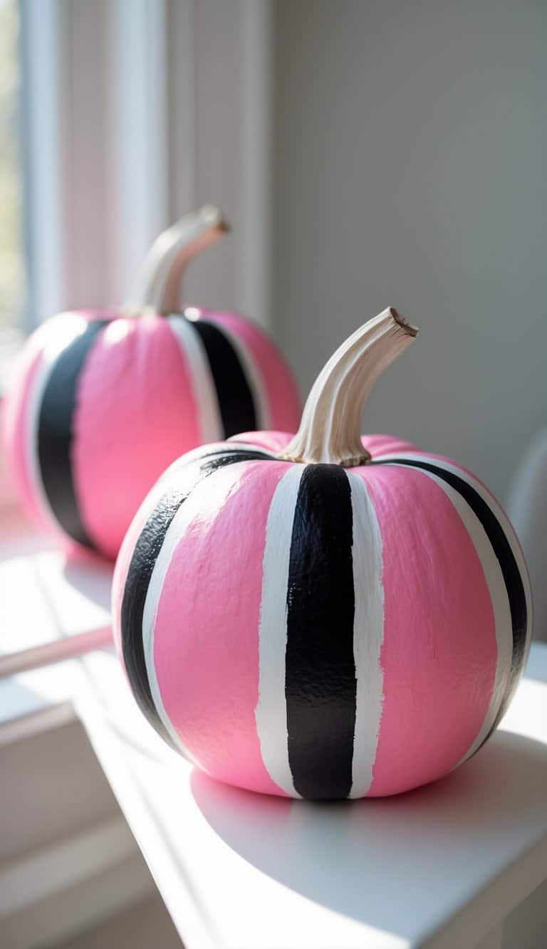 One or two painted pumpkins on a table, decorated with pink, black, and white stripes.