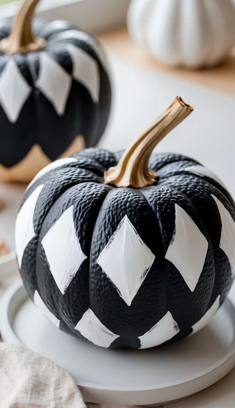 Close-up of one or two black pumpkins painted with white diamond shapes on a tabletop.