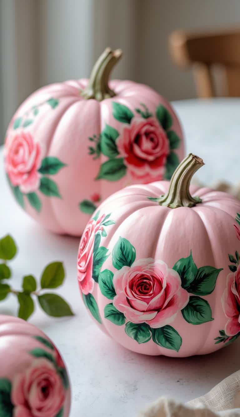 One to two pink pumpkins painted with vintage rose designs on a clean tabletop.