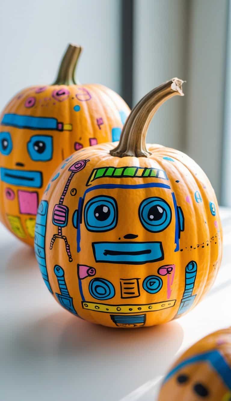 Close-up of one to two pumpkins painted with colorful robot faces on a clean tabletop.