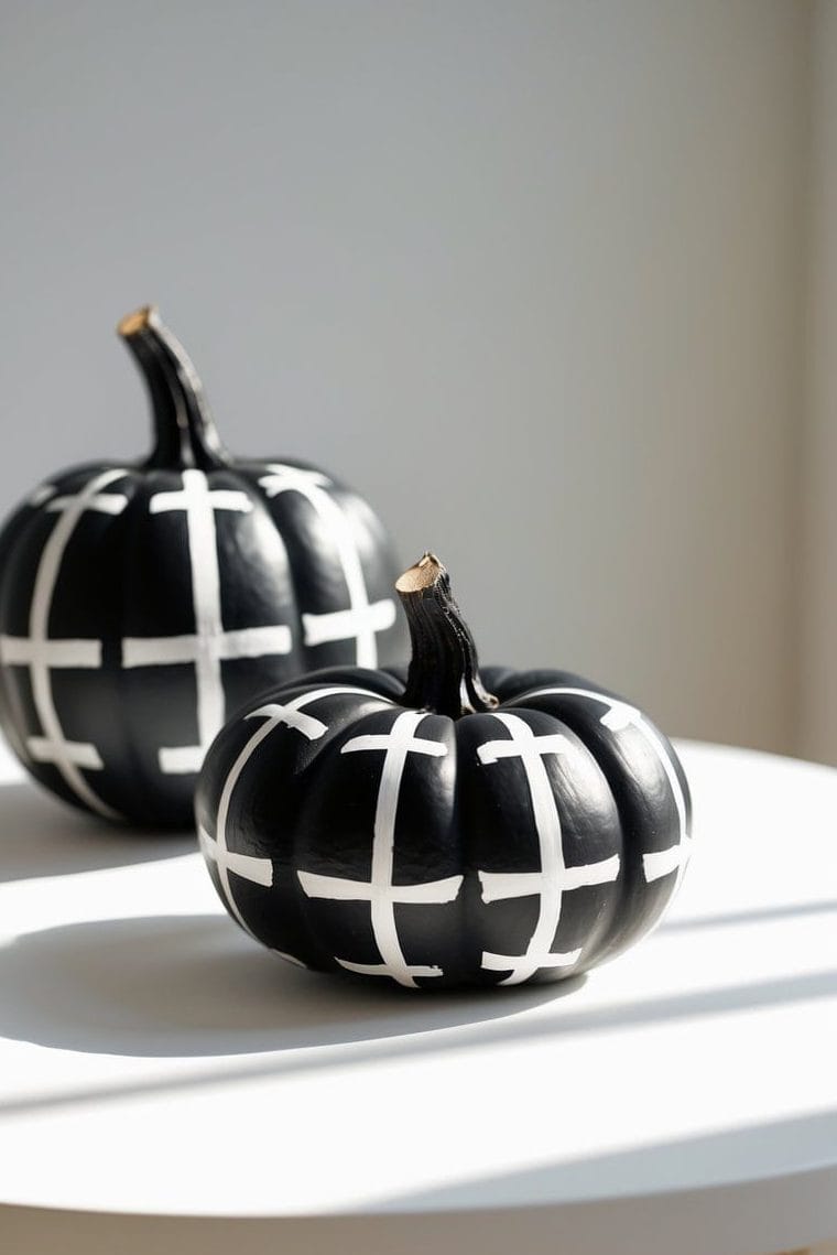 Two black pumpkins with white grid patterns sit on a round white table in natural light.