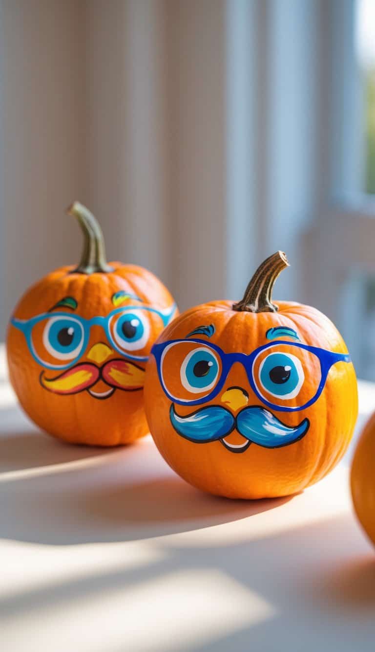 Two small pumpkins on a table painted with colorful glasses and comical mustaches.