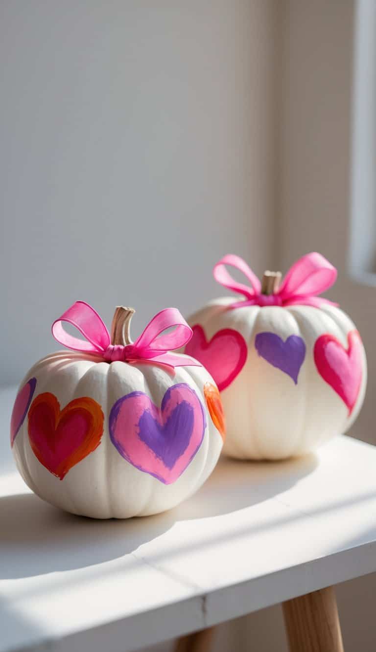 Two white pumpkins with painted colorful hearts and pink ribbons on top sit on a white surface in natural light.