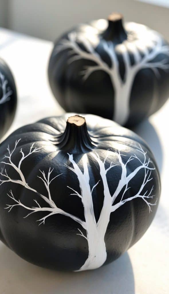 Three black pumpkins with white tree branch designs painted on their surfaces are displayed on a light-colored surface.