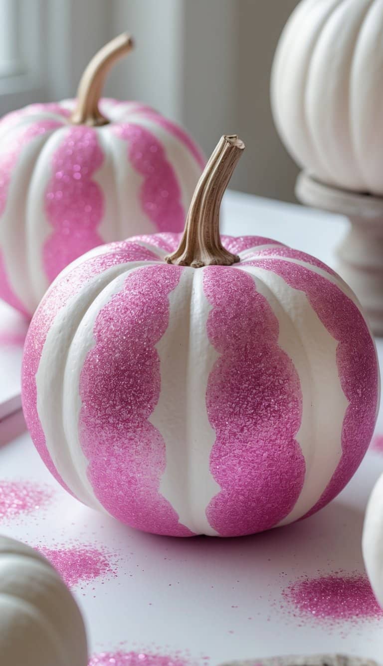 One or two white pumpkins on a table, decorated with pink glitter ombré paint in playful patterns.