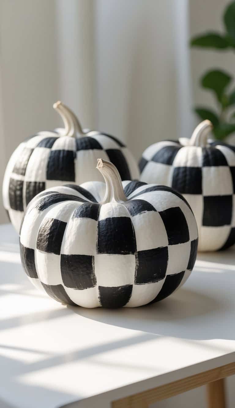 Close-up of one or two white pumpkins painted with a black and white checkerboard pattern on a tabletop.