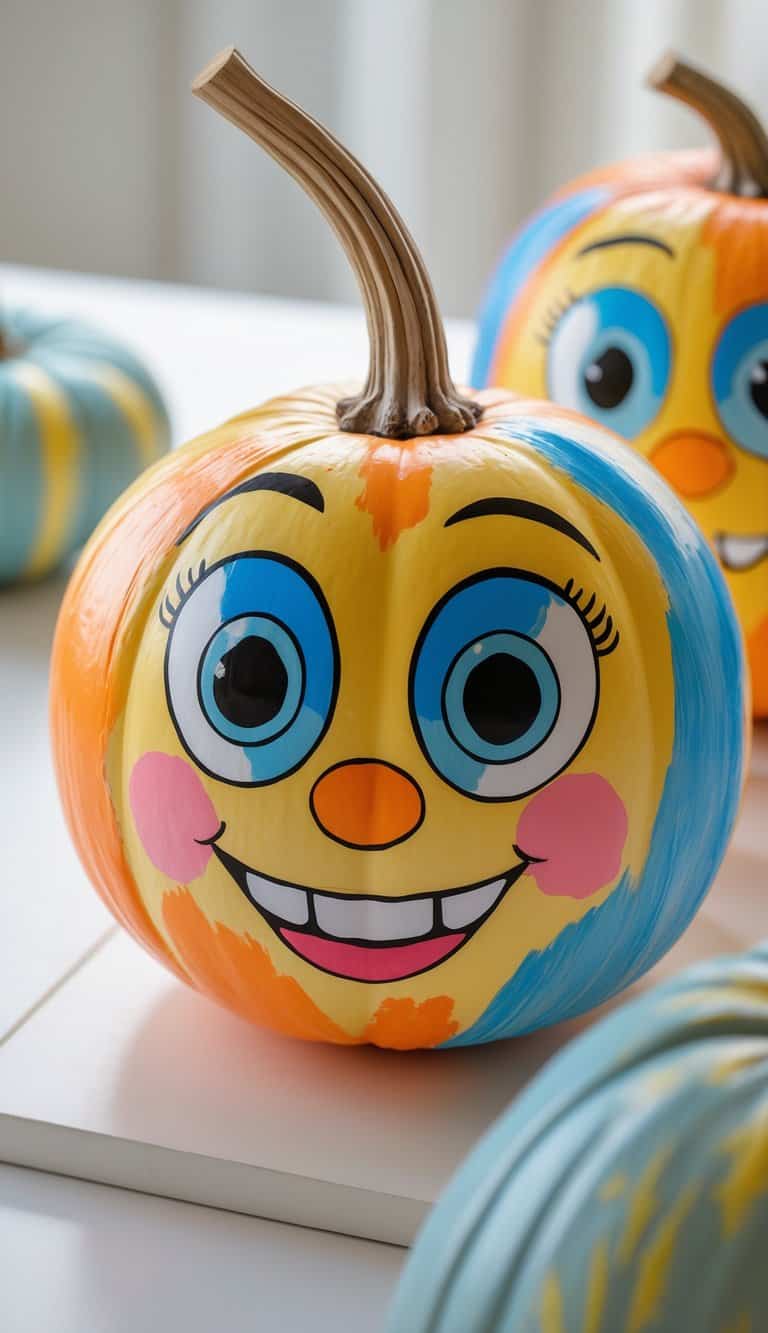 One or two pumpkins on a table painted with large cartoon eyes and smiling faces.