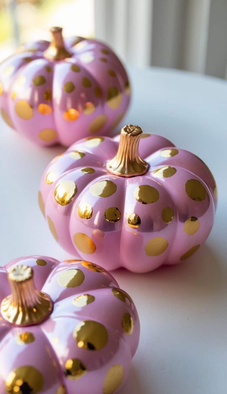 One or two pink pumpkins with gold polka dots on a tabletop.