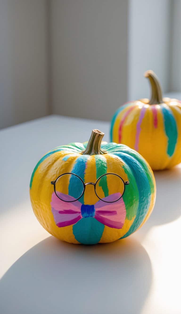 One or two small pumpkins on a tabletop, painted with bright colors including a bowtie and glasses design.