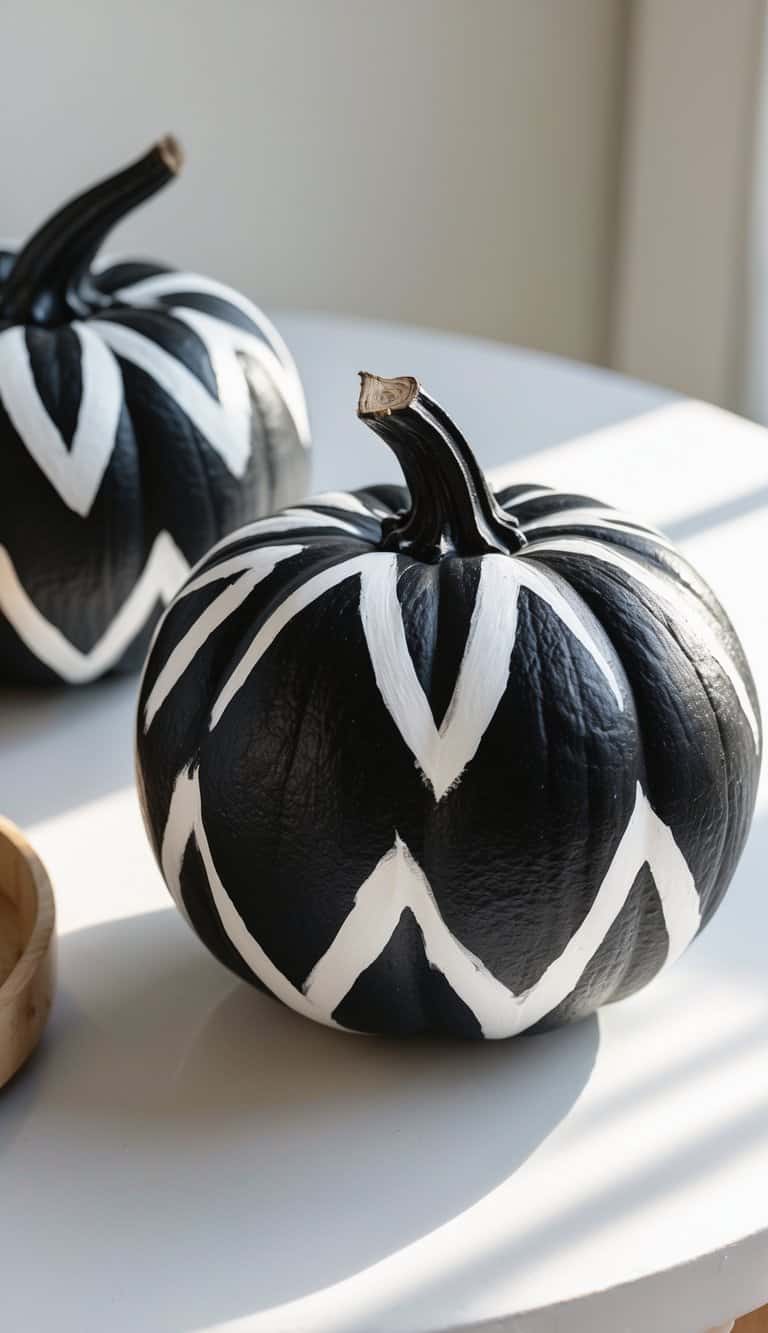 Close-up of one or two black pumpkins painted with white zigzag patterns on a clean tabletop.