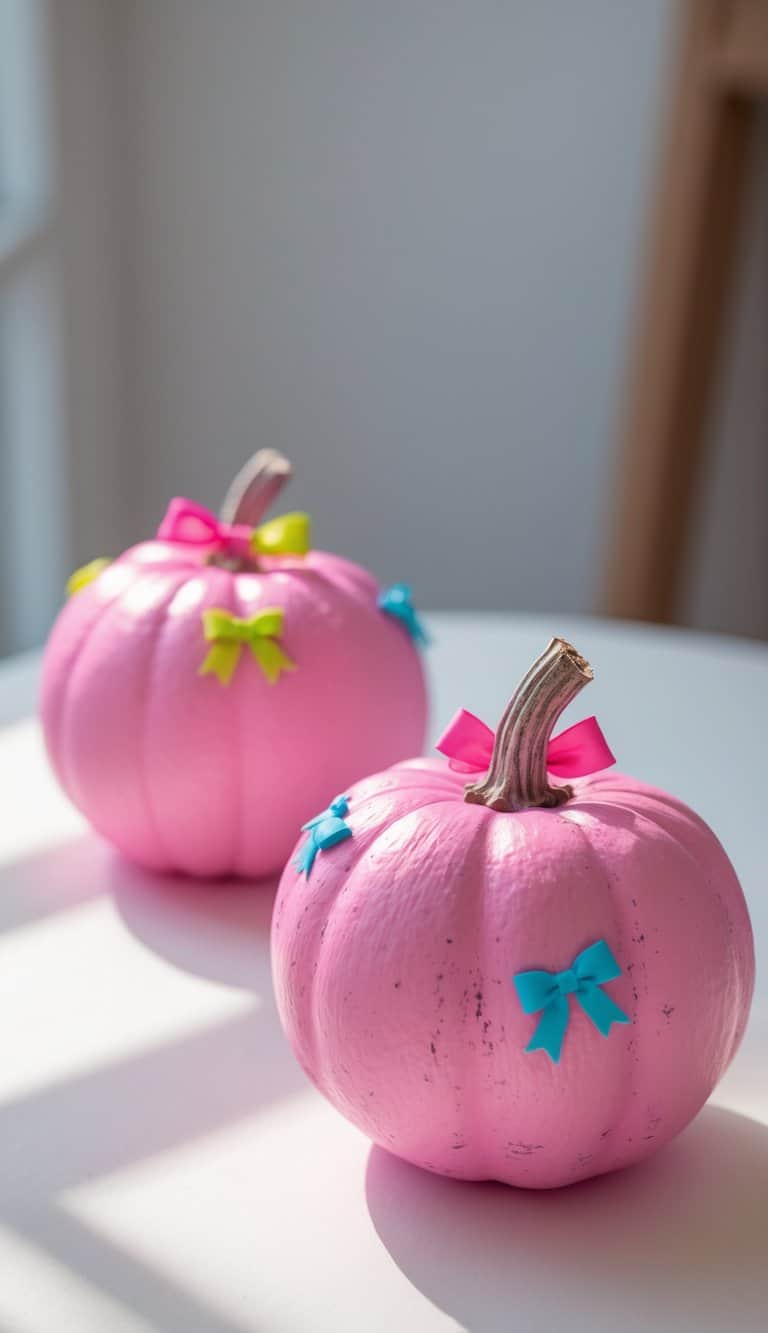 Close-up of one to two pink pumpkins painted with small colorful bows on a clean tabletop.