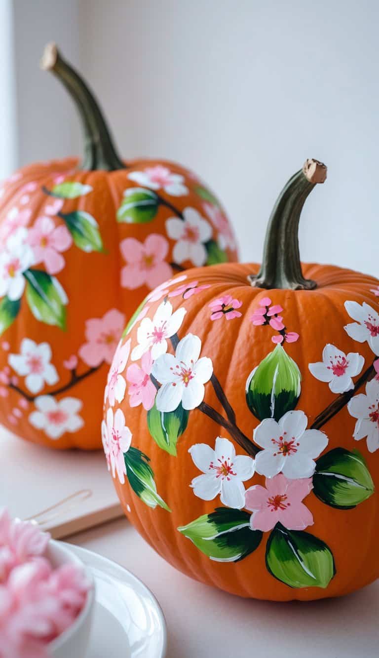 Close-up of one to two pumpkins painted with colorful cherry blossom designs on a clean tabletop.