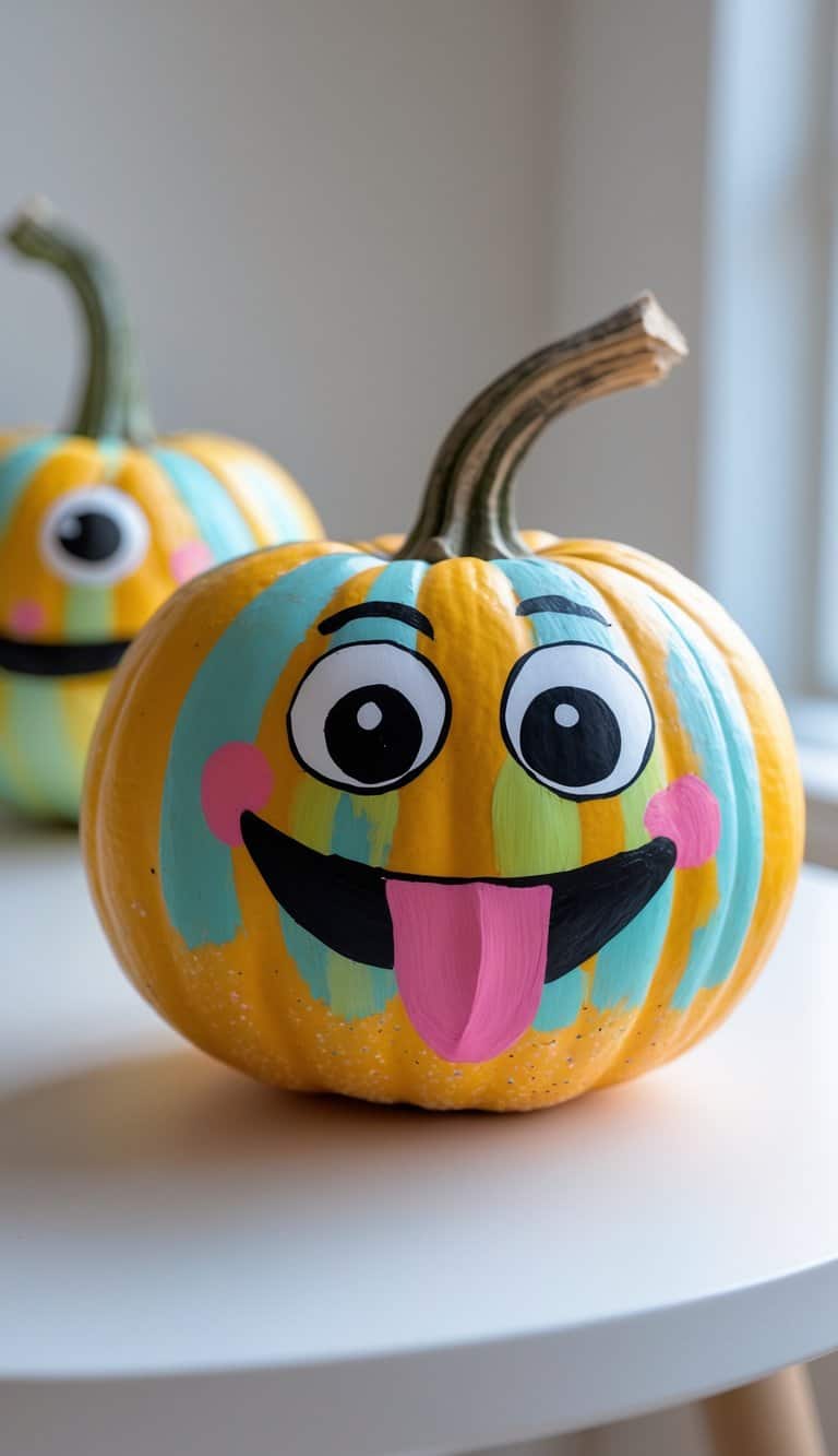 Close-up of one or two pumpkins on a table painted with goofy crossed eyes and a tongue sticking out.
