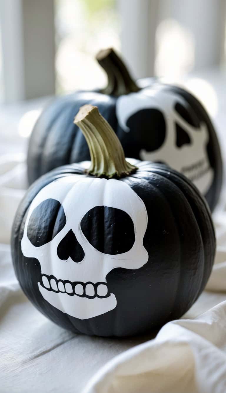 Close-up of one or two black pumpkins painted with white skull faces on a clean tabletop.