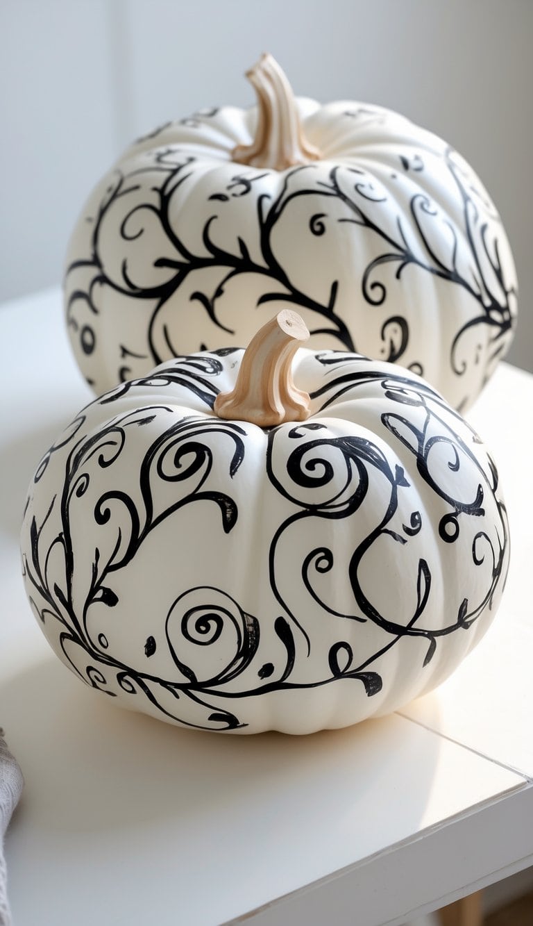 Close-up of one to two white pumpkins painted with black vine swirl designs on a clean tabletop.