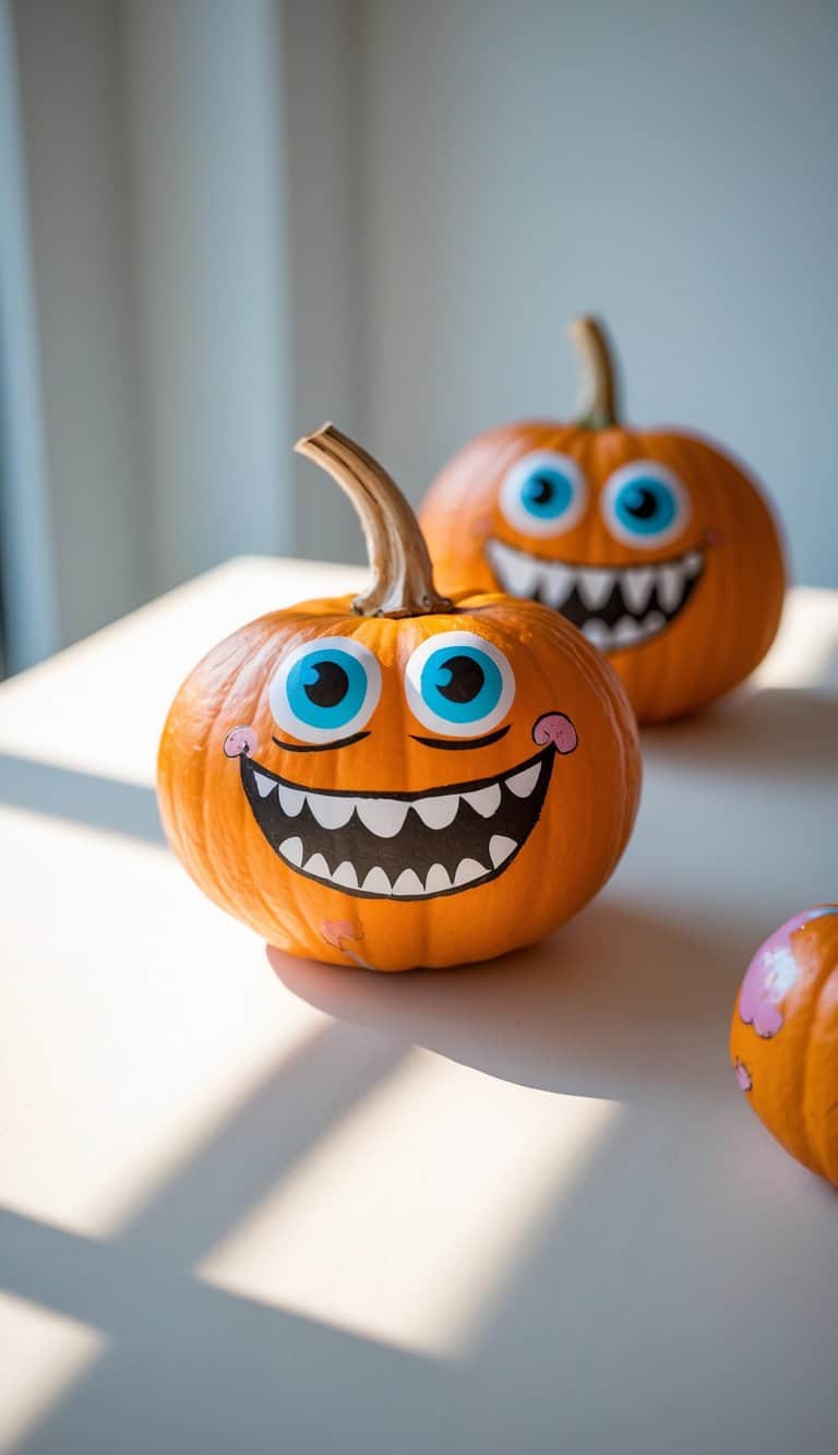 One or two pumpkins painted as funny monsters with big smiles, placed on a tabletop with soft daylight.