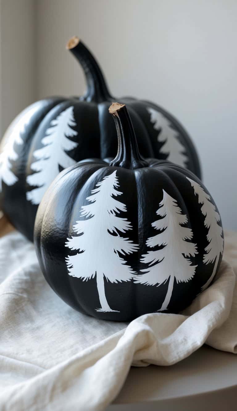 Close-up of one to two black pumpkins painted with white pine tree silhouettes on a tabletop.