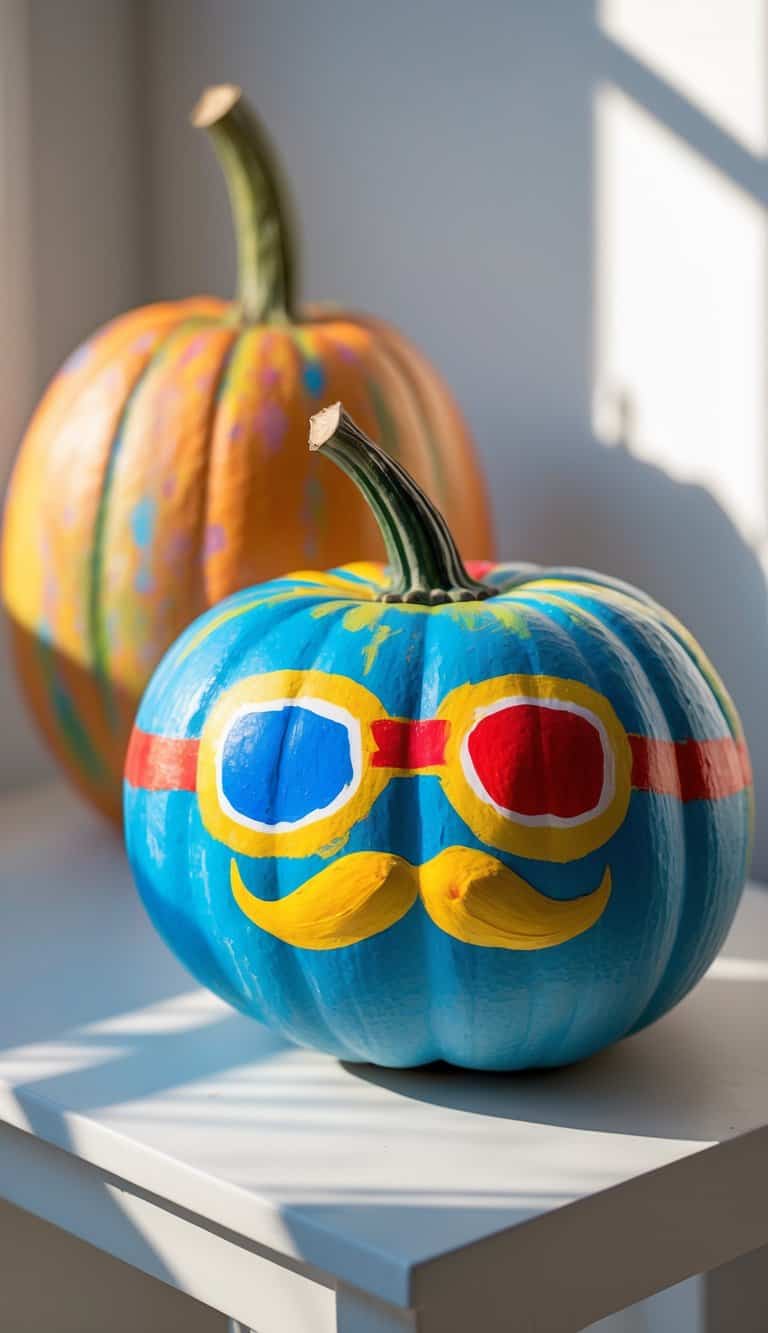 One or two pumpkins painted with colorful goggles and a mustache on a clean tabletop.
