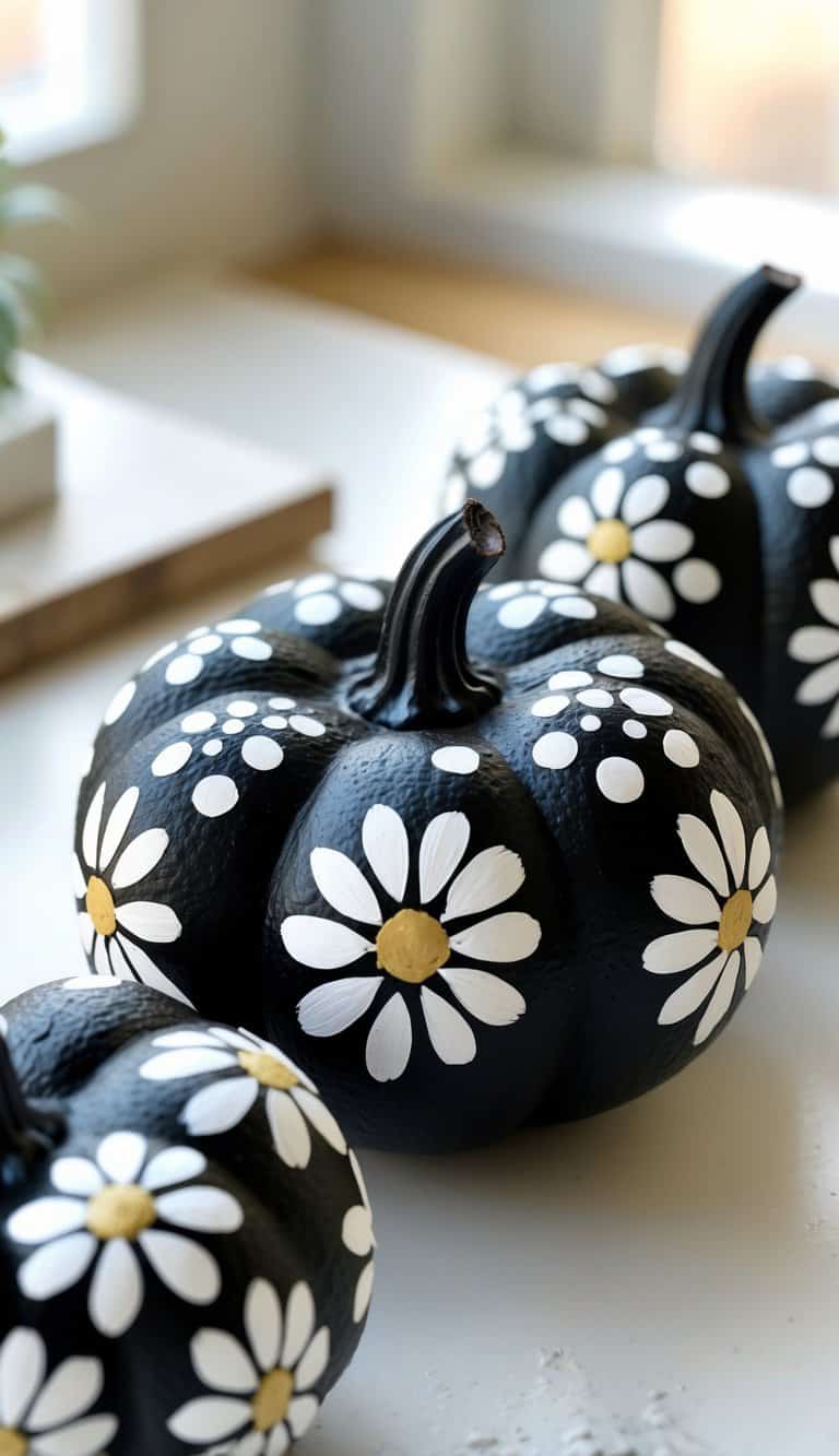One or two black pumpkins painted with white floral dot patterns on a clean tabletop.
